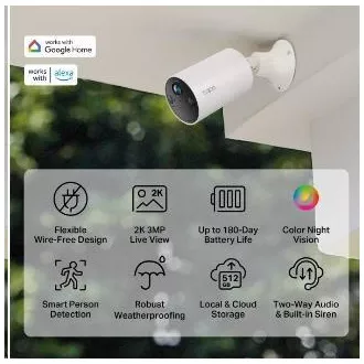 Cameră de exterior TP-Link Tapo C410 (3MP, 2K QHD, 1296p, IR 9m, WiFi, card micro SD, IP65)