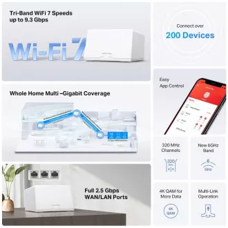 MERCUSYS Halo H47BE (pachet de 2) WiFi7 Mesh (BE9300, 2,4GHz/5GHz/6GHz, 3x2, 5GbELAN/WAN)