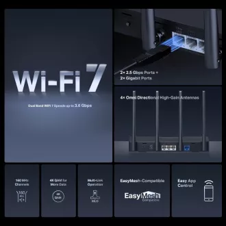 Router MERCUSYS MR27BE EasyMesh WiFi7 (BE3600, 2,4GHz/5GHz, 1x2, 5GbEWAN, 1x2, 5GbELAN, 2xGbE)
