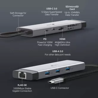 Hub USB-C TP-Link UH9120C 9 în 1 (3xUSB 3.2Gen1, 1xUSB-C 3.2Gen1, 1xGbE, 1xHDMI, 1xSD, 1xmicroSD, PD 100W)