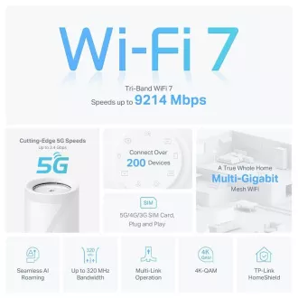 TP-Link Deco BE65-5G (pachet de 1) WiFi7 Mesh (BE9300, 2.4GHz/5GHz/6GHz, 3x2, 5GbELAN/WAN, 1xUSB3.0, 4G LTE, 5G, 1xnanoSIM)