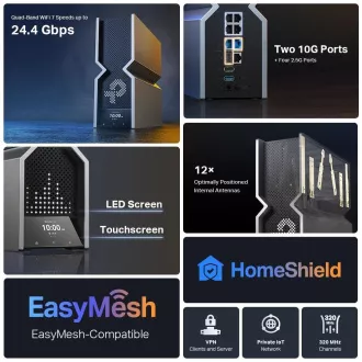 Router TP-Link Archer BE900 OneMesh/EasyMesh WiFi7 (BE24000, 2 porturi, 4GHz/5GHz/6GHz, 1x10GbELAN/WAN, 1xSFP+/10GbEWAN/LAN, 4x2, 5GbE)