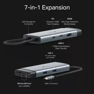 Hub USB-C TP-Link UH7020C 7 în 1 (2x USB 3.2 Gen 1, 1xUSB-C 3.2 Gen 1, 1xHDMI, 1xSD, 1xmicroSD, PD 100W)
