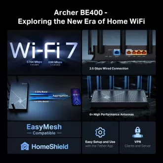 Router TP-Link Archer BE400 EasyMesh WiFi7 (BE6500, 2 porturi, 4GHz/5GHz, 1x2, 5GbEWAN, 1x2, 5GbELAN, 3xGbELAN, 1xUSB3.0)