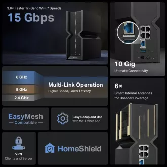 Router TP-Link Archer BE700 EasyMesh WiFi7 (BE15000, 2.4GHz/5GHz/6GHz, 1x10GbEWAN, 1x2, 5GbELAN, 3xGbELAN, 1xUSB3.0)