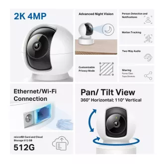 Cameră de supraveghere video TP-Link Tapo C222 pentru interior și acasă (4MP, 2K QHD 1440p, IR 12m, WiFi, 1x100Mb/s, card micro SD)
