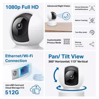 Cameră de supraveghere TP-Link Tapo C202 pentru interior/casă (2MP, Full HD 1080p, IR 12m, WiFi, 1x100Mb/s, microSD)
