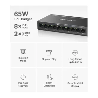 Comutator MERCUSYS MS110CP (8x100Mb/s, 2xGbE, 8xPoE+, 65W, fără ventilator)