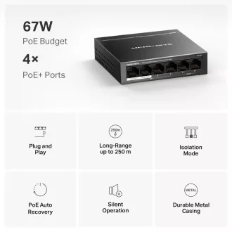 Comutator MERCUSYS MS106P (6x100Mb/s, 4xPoE+, 67W, fără ventilator)