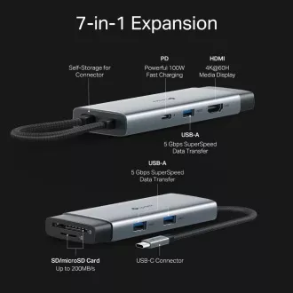 Hub USB-C TP-Link UH7021C 7 în 1 (3x USB 3.2 Gen 1, 1xUSB-C 3.2 Gen 1, 1xHDMI, 1xSD, 1xmicroSD, PD 100W)