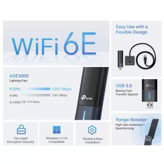 Adaptor USB TP-Link Archer TXE50UH WiFi6E (AXE3000, 2.4GHz/5GHz/6GHz)