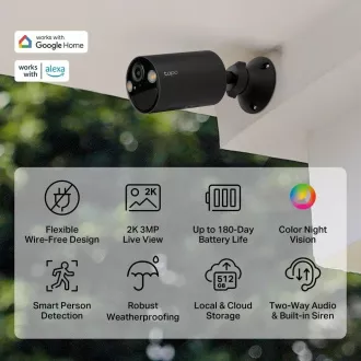 Cameră de exterior TP-Link Tapo C411 (3MP, 2K QHD, 1296p, IR 9m, WiFi, card micro SD, IP65)
