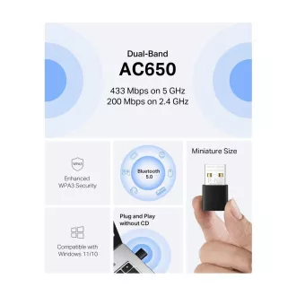 Adaptor nano USB MERCUSYS MA20NB WiFi5 (AC650, 2.4GHz/5GHz, Bluetooth5.0, USB2.0)