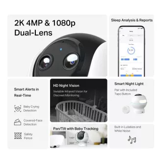 Monitor pentru bebeluși TP-Link Tapo C840 cu lentilă dublă (4MP, 2K 1440p, IR, WiFi, card micro SD)