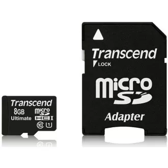 Card MicroSDHC TRANSCEND 8GB Ultimate, Clasa 10 UHS-I 600x, MLC + adaptor