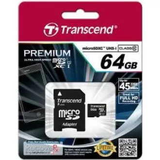 Card TRANSCEND MicroSDXC 64GB Premium, Clasa 10 UHS-I 400x (R: 85 / W: 35 MB / s) + adaptor