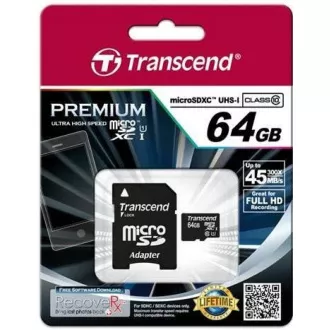 Card TRANSCEND MicroSDXC 64GB Premium, Clasa 10 UHS-I 400x (R: 85 / W: 35 MB / s) + adaptor