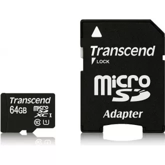 Card TRANSCEND MicroSDXC 64GB Premium, Clasa 10 UHS-I 400x (R: 85 / W: 35 MB / s) + adaptor