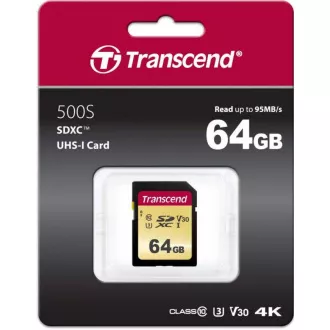 Card SDXC TRANSCEND 64GB 500S, UHS-I U3 V30 (R: 95 / W: 60 MB / s)