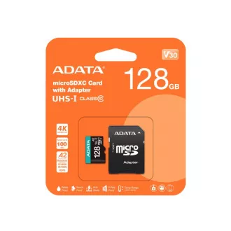 Card ADATA MicroSDXC 128GB Premier Pro UHS-I V30S (R: 100 / W: 80 MB / s) + adaptor SD
