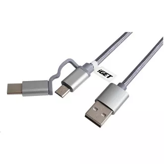Cablu USB iGET G2V1 2 în 1, 1 m, argintiu, microUSB și USB-C, terminale extinse