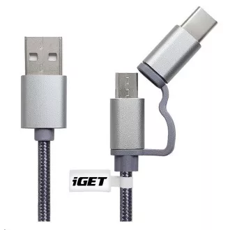 Cablu USB iGET G2V1 2 în 1, 1 m, argintiu, microUSB și USB-C, terminale extinse