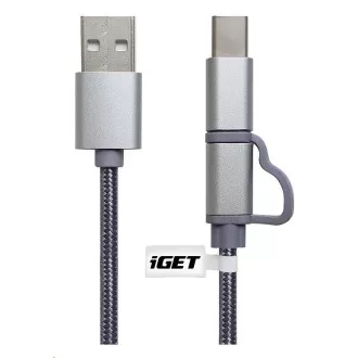 Cablu USB iGET G2V1 2 în 1, 1 m, argintiu, microUSB și USB-C, terminale extinse
