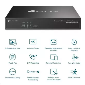 TP-Link VIGI NVR1004H-4P, înregistrare video, 4 canale, 4xPoE, 1xSATA, 1x100Mb/s LAN, 2xUSB2.0, 1xHDMI, 1xVGA
