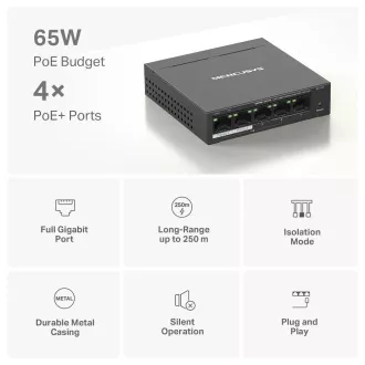 Comutator MERCUSYS MS105GP (5xGbE, 4xPoE+, 65W, fără ventilator)