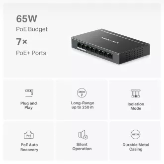 Comutator MERCUSYS MS108GP (8xGbE, 7xPoE+, 65W, fără ventilator)