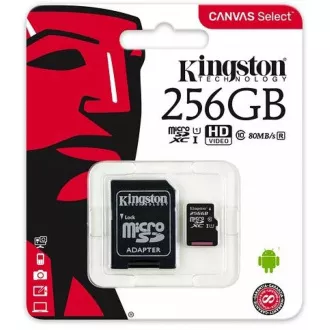 Card Kingston 256 GB micSDXC Canvas Select Plus 100R A1 C10 + adaptor SD Card Kingston 256 GB micSDXC Canvas Select Plus 100R A1 C10 + adaptor SD