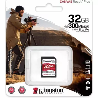 Kingston 32GB Canvas React Plus SDHC UHS-II 300R/260W U3 V90 pentru Full HD/4K/8K