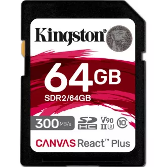 Kingston 64GB Canvas React Plus SDHC UHS-II 300R/260W U3 V90 pentru Full HD/4K/8K