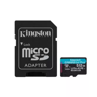 Card de memorie Kingston MicroSDXC 512GB Canvas Go! Plus, R:200/W:160MB/s, Clasa 10, UHS-I, U3, V30, A2 + Adaptor