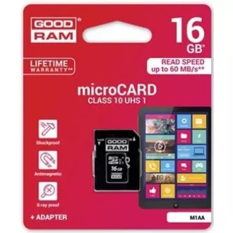 Card GOODRAM MicroSDHC 16GB M1AA, UHS-I Clasa 10, U1 + adaptor