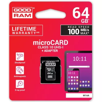Placă GOODRAM MicroSDXC 64GB M1AA, UHS-I Clasa 10, U1 + adaptor