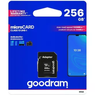Placă microSDXC GOODRAM 256GB M1AA (R: 100 / W: 10 MB / s), UHS-I Clasa 10, U1 + Adaptor Placă microSDXC GOODRAM 256GB M1AA (R: 100 / W: 10 MB / s), UHS-I Clasa 10, U1 + Adaptor