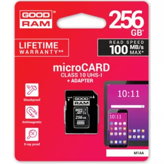 Placă microSDXC GOODRAM 256GB M1AA (R: 100 / W: 10 MB / s), UHS-I Clasa 10, U1 + Adaptor Placă microSDXC GOODRAM 256GB M1AA (R: 100 / W: 10 MB / s), UHS-I Clasa 10, U1 + Adaptor