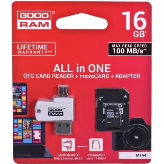 Card microSDHC GOODRAM 16GB M1A4 All-in-one (R: 100 / W: 10 MB / s), UHS-I Clasa 10, U1 + Adaptor + cititor de carduri OTG