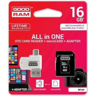Card microSDHC GOODRAM 16GB M1A4 All-in-one (R: 100 / W: 10 MB / s), UHS-I Clasa 10, U1 + Adaptor + cititor de carduri OTG