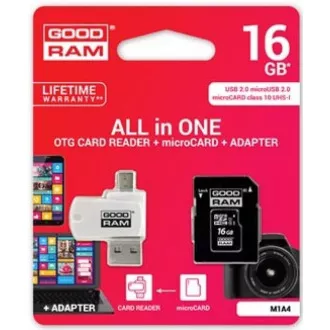 Card microSDHC GOODRAM 16GB M1A4 All-in-one (R: 100 / W: 10 MB / s), UHS-I Clasa 10, U1 + Adaptor + cititor de carduri OTG