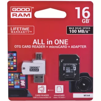 Card microSDHC GOODRAM 16GB M1A4 All-in-one (R: 100 / W: 10 MB / s), UHS-I Clasa 10, U1 + Adaptor + cititor de carduri OTG