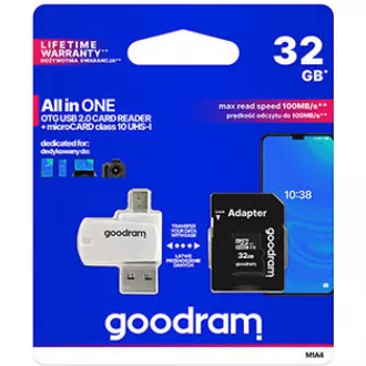 Card microSDHC GOODRAM 32GB M1A4 All-in-one (R: 100 / W: 10 MB / s), UHS-I Clasa 10, U1 + Adaptor + cititor de carduri OTG