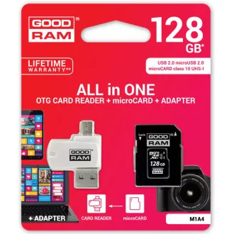 Card microSDXC GOODRAM 128GB M1A4 All-in-one (R: 100 / W: 10 MB / s), UHS-I Clasa 10, U1 + Adaptor + cititor de carduri OTG
