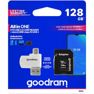 Card microSDXC GOODRAM 128GB M1A4 All-in-one (R: 100 / W: 10 MB / s), UHS-I Clasa 10, U1 + Adaptor + cititor de carduri OTG