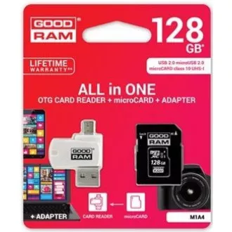 Card microSDXC GOODRAM 128GB M1A4 All-in-one (R: 100 / W: 10 MB / s), UHS-I Clasa 10, U1 + Adaptor + cititor de carduri OTG