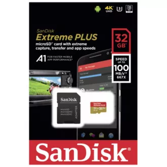 Card SanDisk MicroSDHC 32GB Extreme PLUS (10MB/s, UHS-I V30, Rescue Pro Deluxe) + adaptor