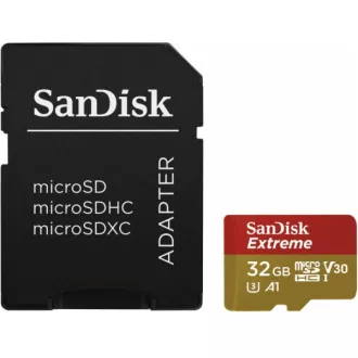 Card SanDisk MicroSDHC 32GB Extreme (100MB/s, Clasa 10 UHS-I V30, pentru camere de acțiune) + adaptor Card SanDisk MicroSDHC 32GB Extreme (100MB/s, Clasa 10 UHS-I V30, pentru camere de acțiune) + adaptor