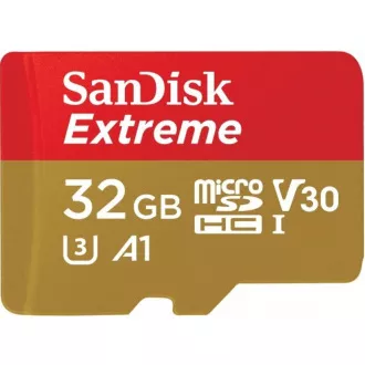 Card SanDisk MicroSDHC 32GB Extreme (100MB/s, Clasa 10 UHS-I V30, pentru camere de acțiune) + adaptor Card SanDisk MicroSDHC 32GB Extreme (100MB/s, Clasa 10 UHS-I V30, pentru camere de acțiune) + adaptor