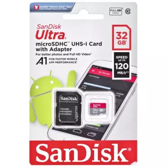 Card SanDisk MicroSDXC 32GB Ultra (120 MB/s, A1 Class 10 UHS-I, Android) + adaptor